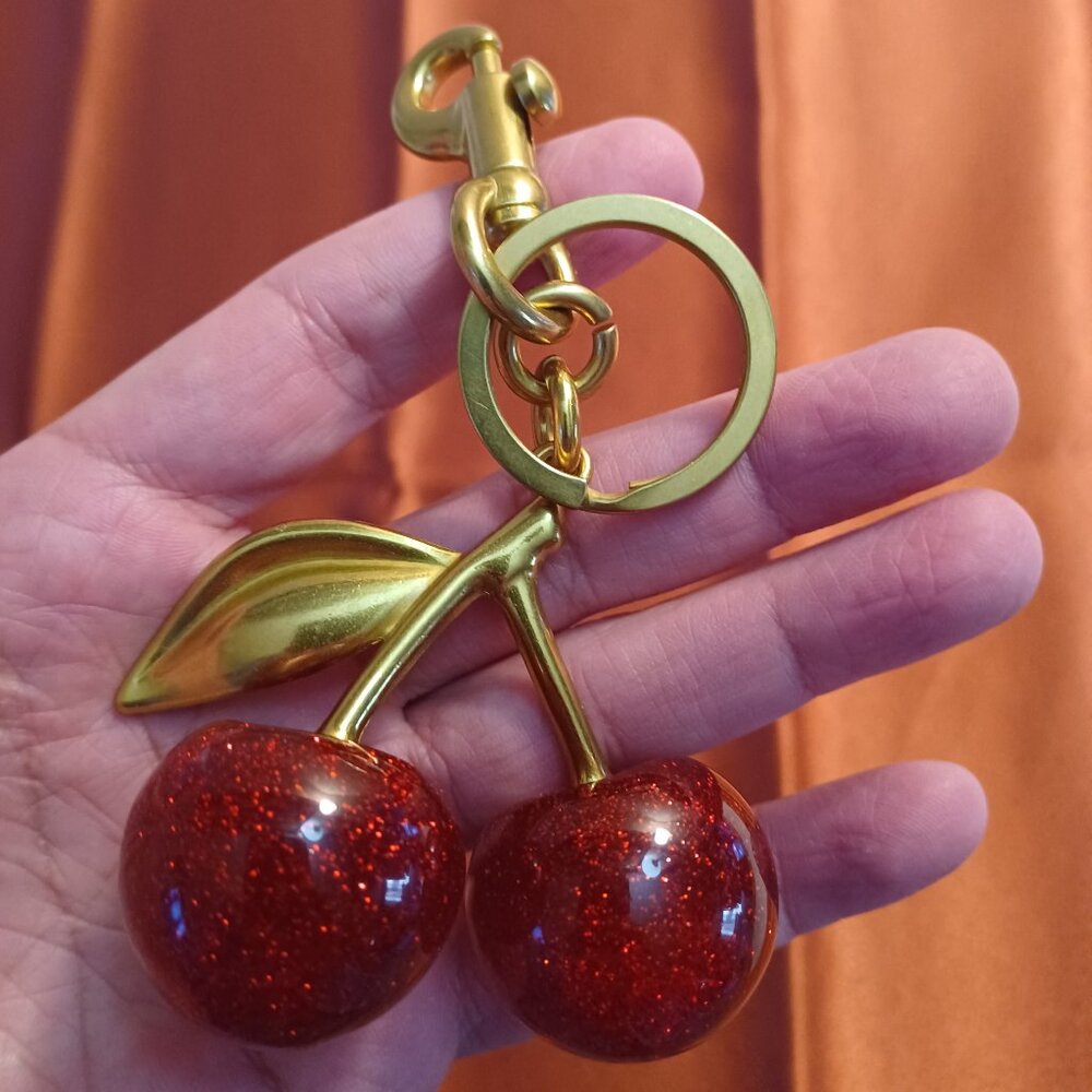 Cherry Bag Charm Keychain Glitter Resin & Brass Metal Purse Clutch Accessory